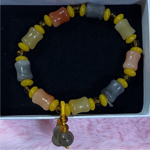 Jewelry - Certified Natural Yellow Red Jade Jadeite Round Bead Bracelet 8mm